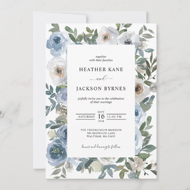 Dusty Blue Watercolor Florals Wedding  Einladung (Vorderseite)