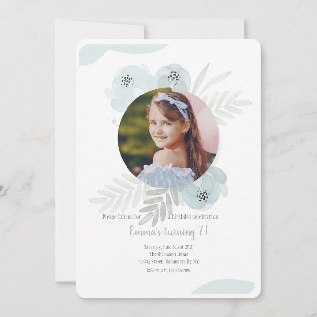 Dusty Blue Watercolor Foto Einladung (Vorderseite)