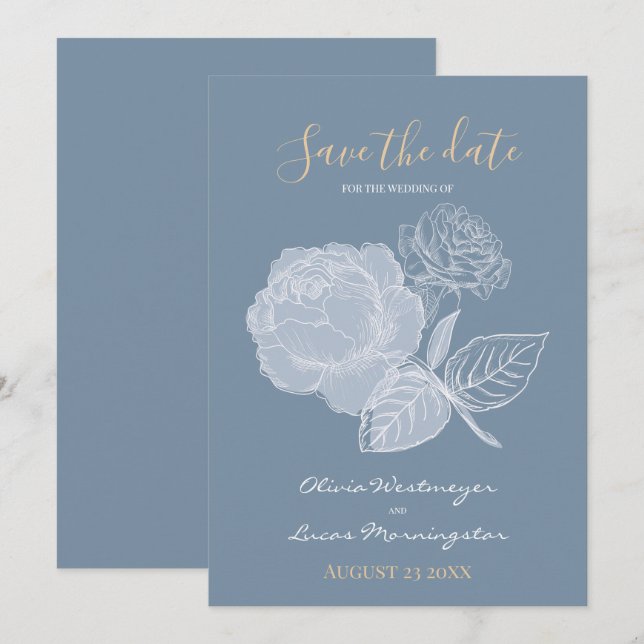 Dusty Blue Watercolor Gilded Rose Save the Date Einladung (Vorne/Hinten)