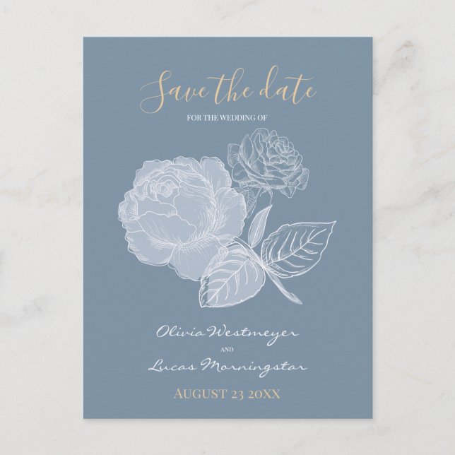 Dusty Blue Watercolor Gilded Rose Save the Date Postkarte (Vorderseite)