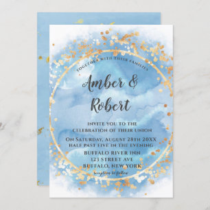 Dusty Blue Watercolor Gold Hochzeitseinladungen