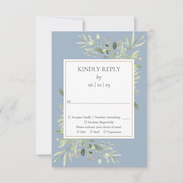 Dusty Blue Watercolor Greenerity Wedding RSVP Karte (Vorderseite)