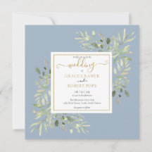 Dusty Blue Watercolor Greenery Gold Script Wedding