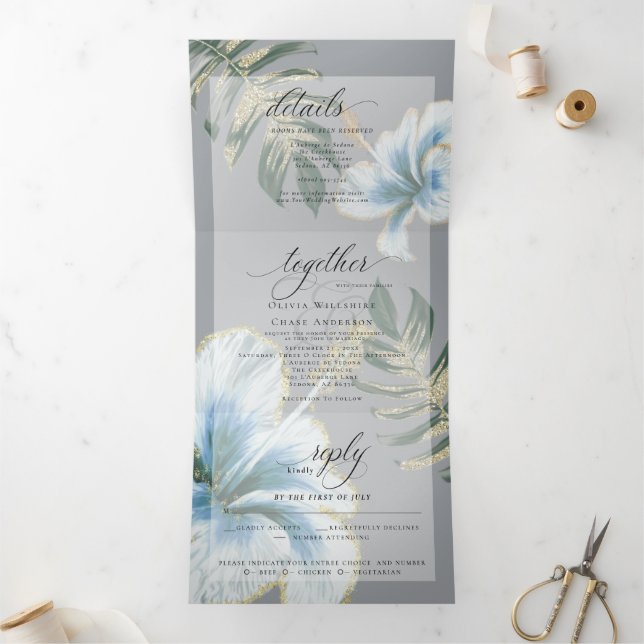 Dusty Blue Watercolor Hibiskus Foliage Wedding Dreifach Gefaltete Einladung (Innenseite)
