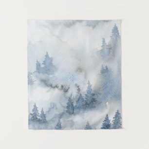 Dusty Blue Watercolor Misty Abstrakt Forest Wandteppich