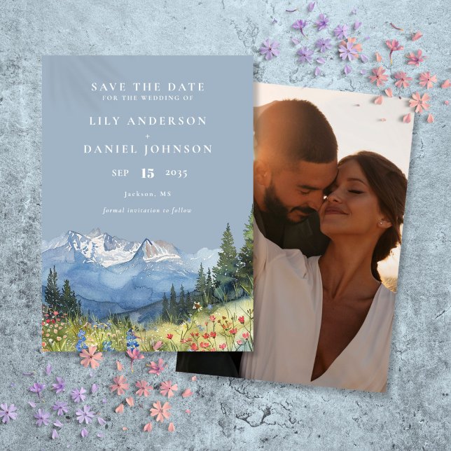 Dusty Blue Watercolor Mountain Foto Hochzeit Save The Date (Dusty Blue Watercolor Mountain Photo Wedding Save The Date)