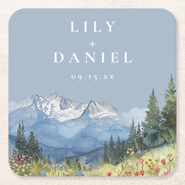 Dusty Blue Watercolor Mountain Wildblume Hochzeit Rechteckiger Pappuntersetzer (Vorderseite)