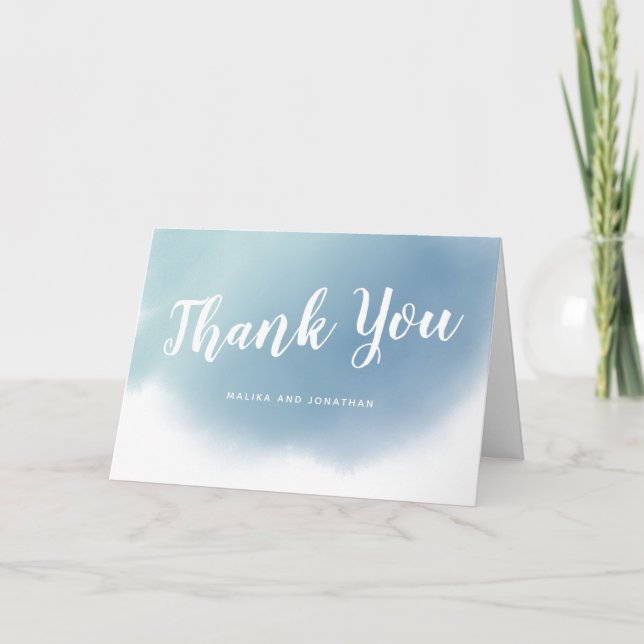 Dusty Blue Watercolor Ombre Wedding Dankeskarte (Vorderseite)
