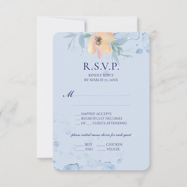 Dusty Blue Watercolor Peach Wild Rose RSVP Karte (Vorderseite)