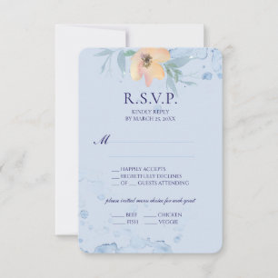 Dusty Blue Watercolor Peach Wild Rose RSVP Karte