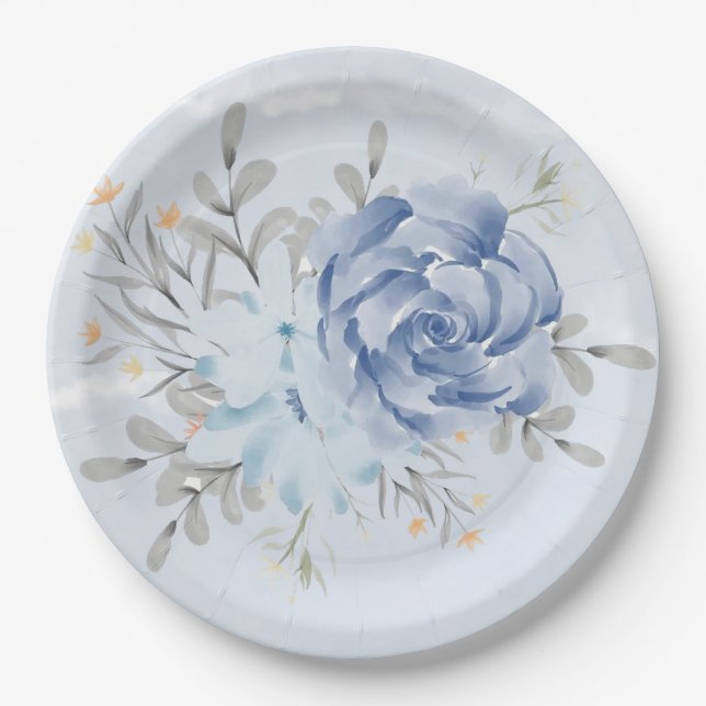 Dusty Blue Watercolor Peony Wedding Paper Plate Pappteller (Vorderseite)