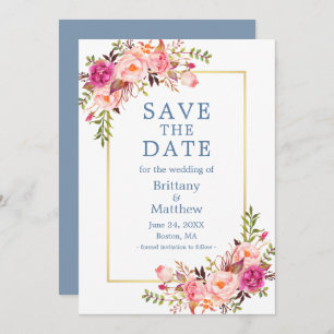 Dusty Blue Watercolor Pink Roses Save the Date