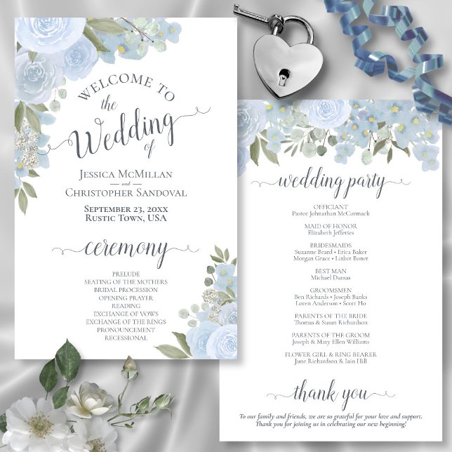Dusty Blue Watercolor Rose Budget Hochzeitsprogram (In Situ Front and Back)