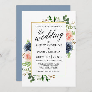 Dusty Blue Watercolor Rose Calligrafy Wedding Einladung