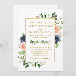 Dusty Blue Watercolor Rose Foto Gold Wedding Einladung
