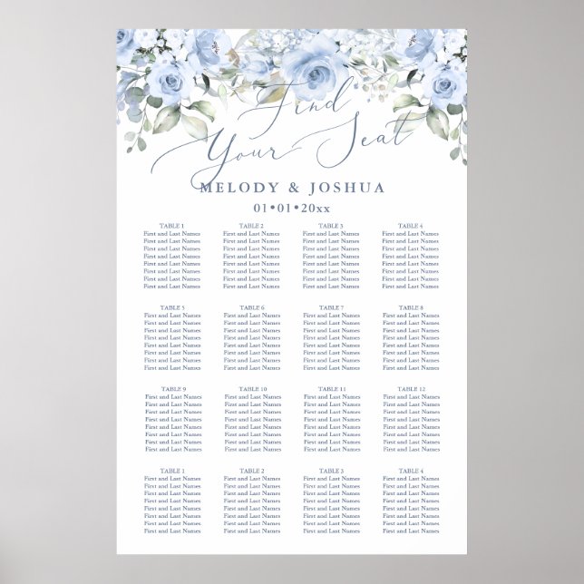 Dusty Blue Watercolor Rose Sitzplan Poster (Vorne)