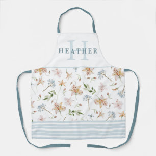 Dusty Blue Watercolor Spring Floral Mit Monogramm  Schürze