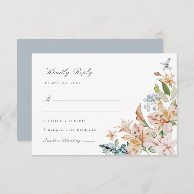 Dusty Blue Watercolor Spring Floral Wedding RSVP Karte (Vorne/Hinten)