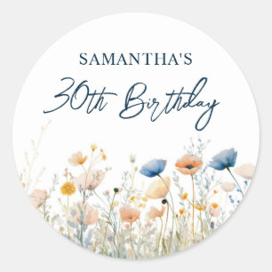Dusty Blue Watercolor Wildblume 30. Geburtstag Runder Aufkleber
