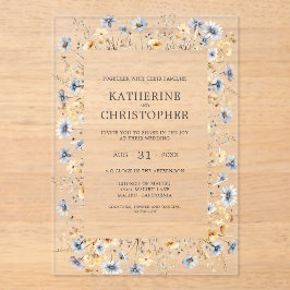 Dusty Blue Watercolor Wildblumen Elegante Hochzeit Acryleinladungen