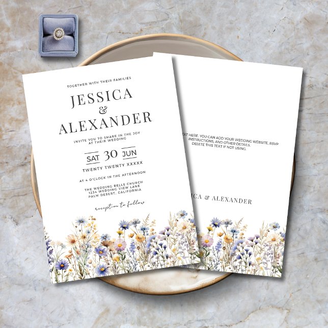 Dusty Blue Watercolor Wildblumen Elegante Hochzeit Einladung (Dusty Blue Watercolor Wildflowers Elegant Wedding Invitation with Optional Text on Back for RSVP etc)