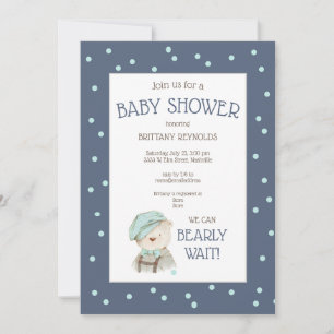 Dusty Blue Watercolor Woodland Bear Baby Dusche Einladung