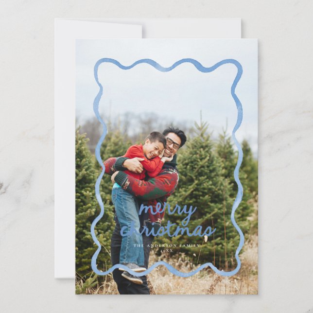 Dusty Blue Wavy Squiggle Border Holiday Foto Card Einladung (Vorderseite)