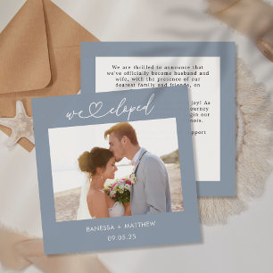 Dusty Blue We Eloped Foto Herz-Script Hochzeit Ankündigung