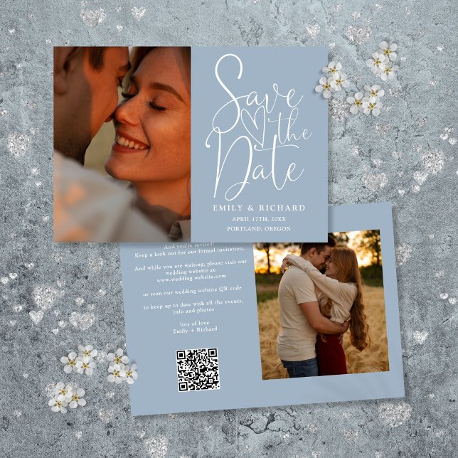 Dusty Blue Wedding 2 Foto QR Code Elegantes Skript Save The Date (Von Creator hochgeladen)