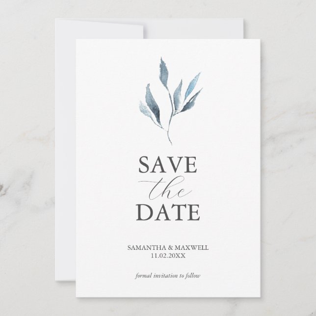 Dusty Blue Wedding Announcements Watercolor Blätte Save The Date (Vorderseite)