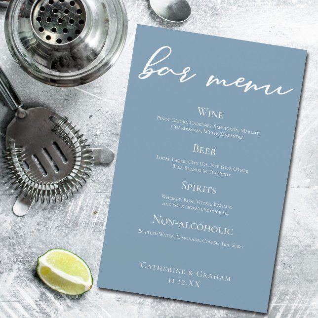 Dusty Blue Wedding Bar Menu mit weißer Typografie (Von Creator hochgeladen)