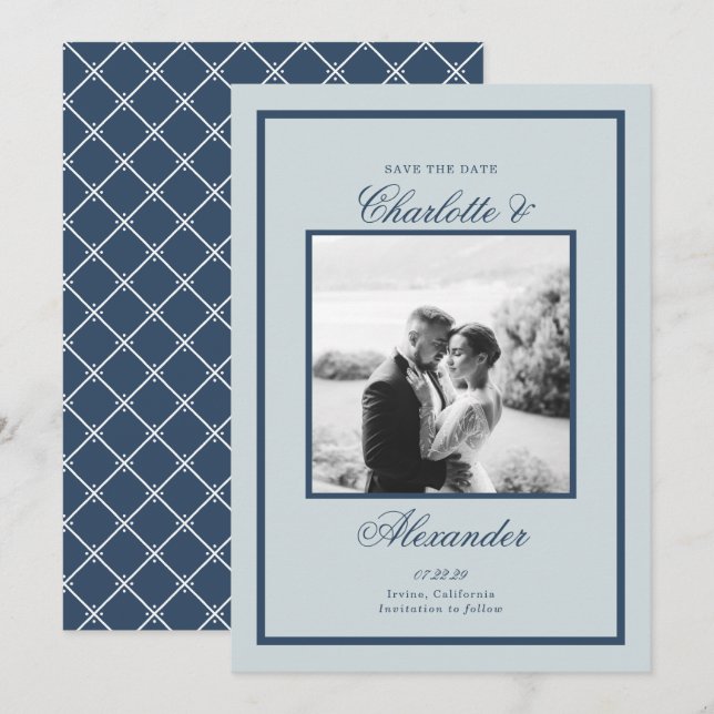 Dusty Blue Wedding Classic Script Save the Date Einladung (Vorne/Hinten)
