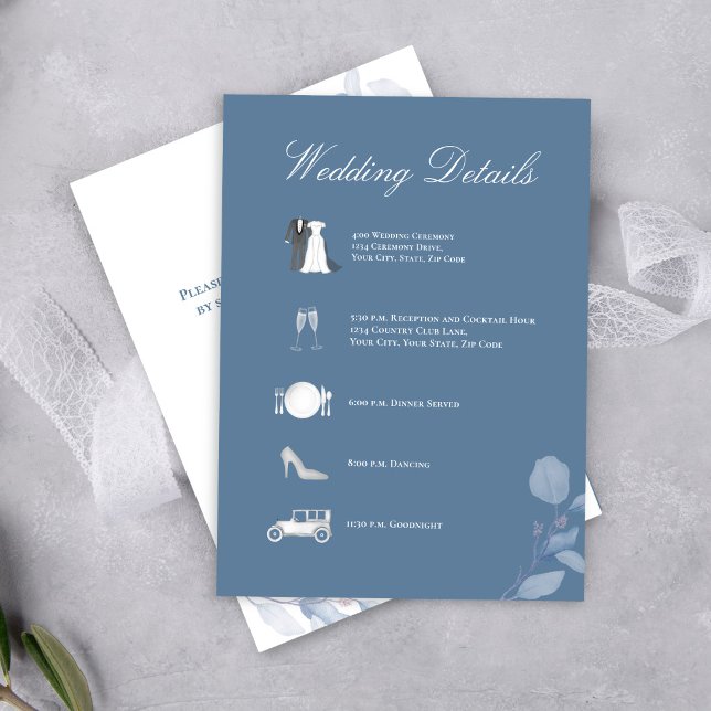 Dusty Blue Wedding Details QR Code Enclosure Begleitkarte (Dusty blue wedding details card with elegant script and timeline icons for a refined look.)