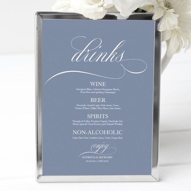 Dusty Blue Wedding Drinks Bar Menu Signatur Poster (Von Creator hochgeladen)