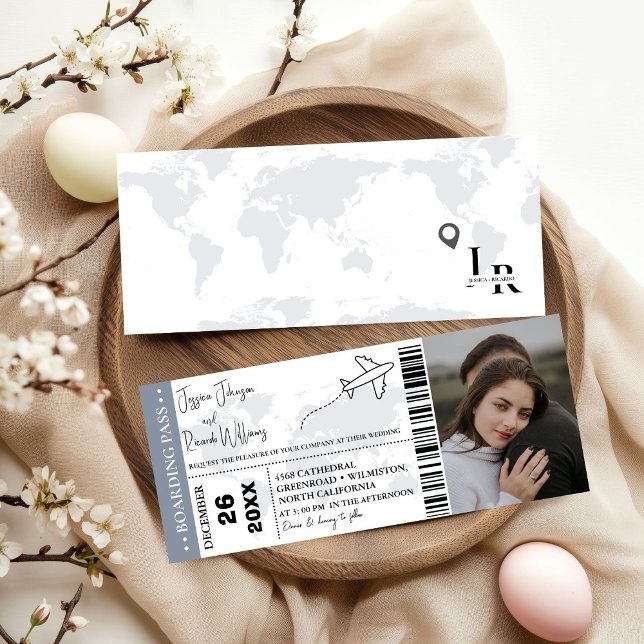 Dusty Blue Wedding Einladung Boarding Pass Ticket (Von Creator hochgeladen)