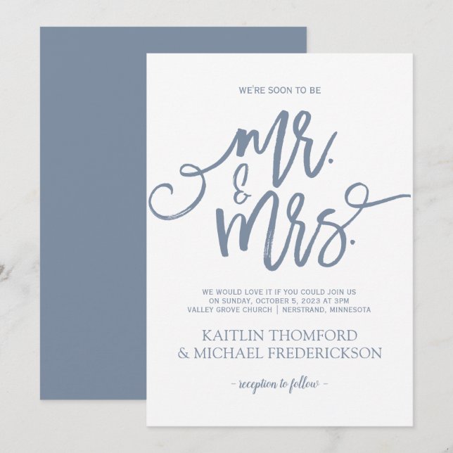 Dusty Blue Wedding Einladung | Pinselschrift (Vorne/Hinten)
