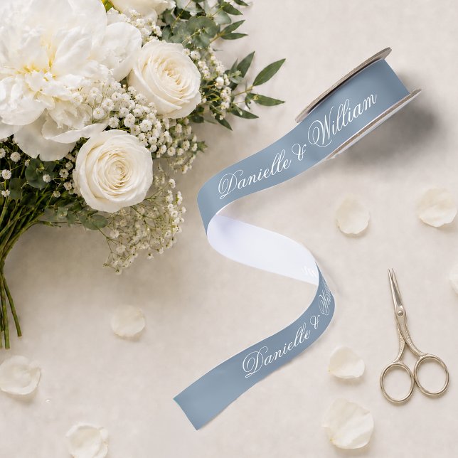 Dusty Blue Wedding Elegant Script Calligraphy Satinband (Von Creator hochgeladen)