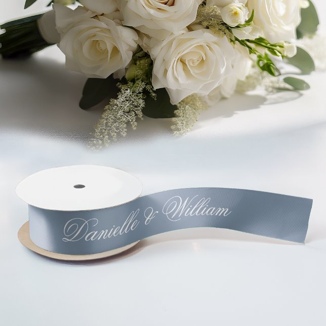 Dusty Blue Wedding Elegant Script Calligraphy Satinband (Von Creator hochgeladen)