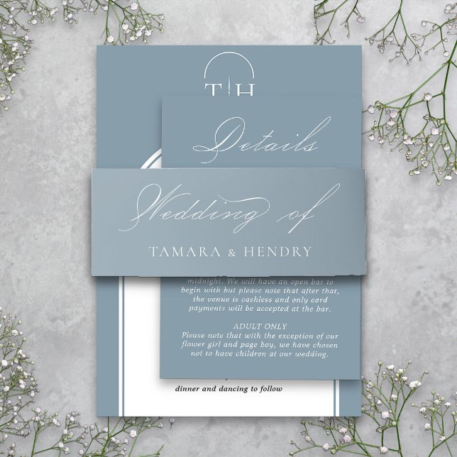Dusty Blue Wedding Elegante Calligraphy Einladungsbanderole (Elegant Dusty Blue wedding invitation belly band  from my Wedding Colors Collection)