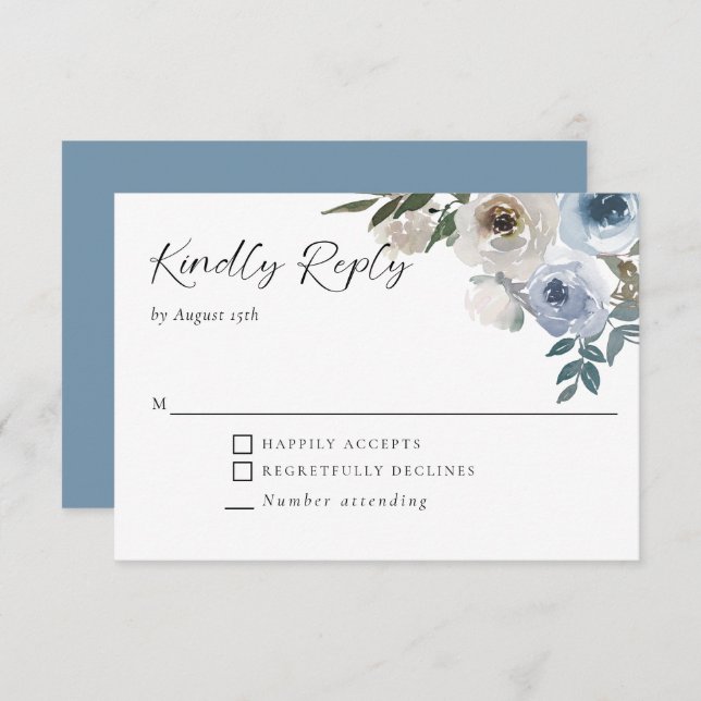 Dusty Blue Wedding Floral Elegant Kindly Reply RSVP Karte (Vorne/Hinten)
