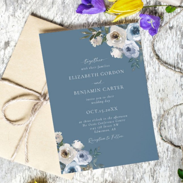 Dusty Blue Wedding Floral Elegantes Script Rustic Einladung (Von Creator hochgeladen)