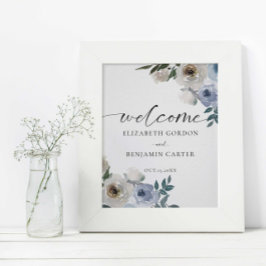 Dusty Blue Wedding Floral Willkommen Elegant Poster