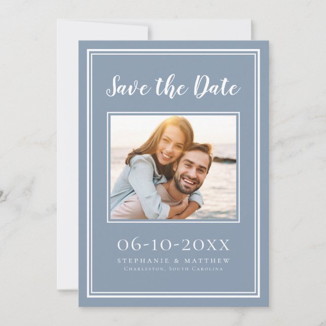 Dusty Blue Wedding Foto Einfache Verlobung Moderne Save The Date (Vorderseite)