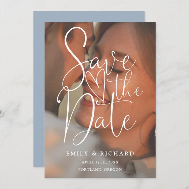 Dusty Blue Wedding Foto Elegantes Script QR Code Save The Date (Vorne/Hinten)
