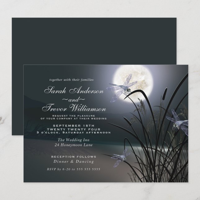 Dusty Blue Wedding Full Moon Dragonfly Pond Einladung (Vorne/Hinten)