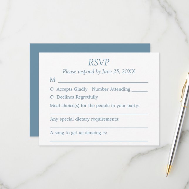 Dusty Blue Wedding Guest Choices RSVP Card (Vorderseite/Rückseite Beispiel)