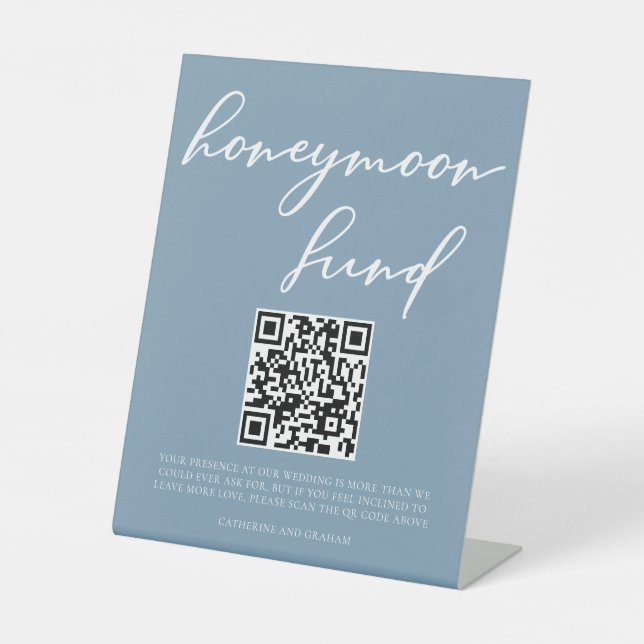 Dusty Blue Wedding Honeymoon Fund QR Code Sockelschild (Vorderseite)