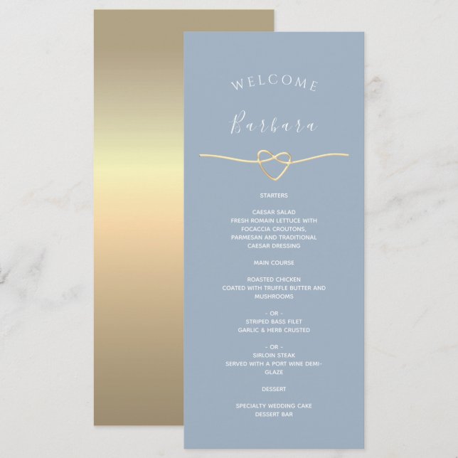 Dusty Blue Wedding Menü mit Gast Name Menükarte (Vorne/Hinten)