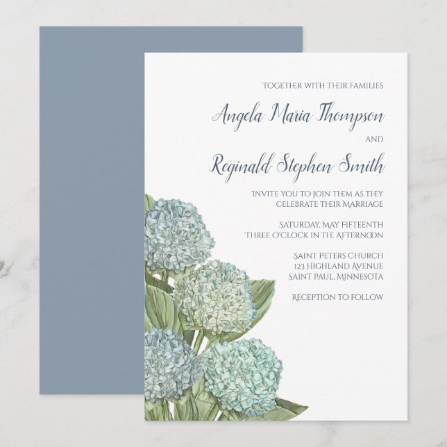 Dusty Blue Wedding Modern Hydrangea Simple Einladung (Vorne/Hinten)