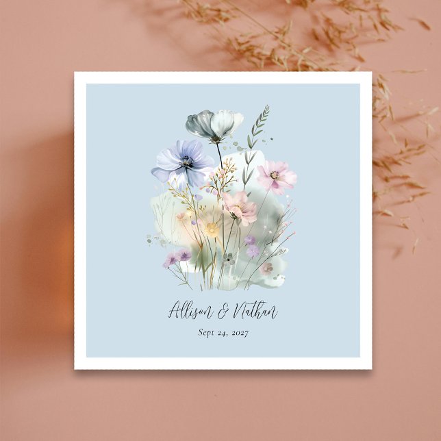 Dusty Blue Wedding Napkins mit Blush-Wildblumen Serviette (Dusty Blue Wedding Napkins with Blush Wildflowers)